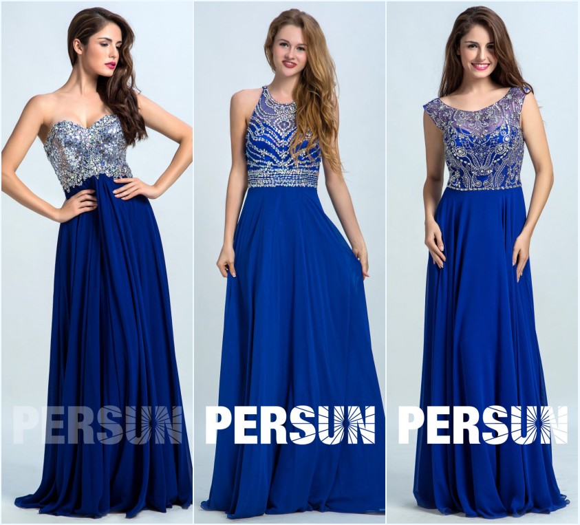 robes de soirée longues bleues orné de strass