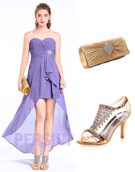 robe de bal parme courte devant longue derrière bustier coeur et accessoires