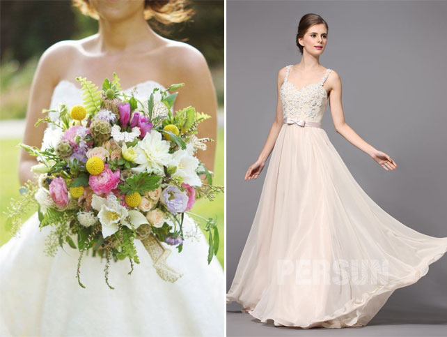 bouquet champêtre pour une robe de mariée longue fluide à haut en dentelle