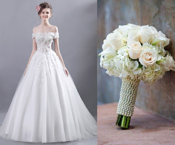 bouquet rond pour une robe de mariée princesse épaule dénudé